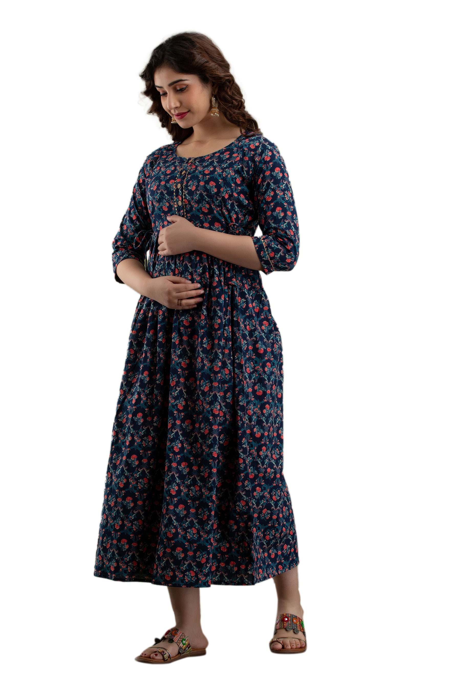 Majestic divas Cotton Navy Blue Floral Maternity Feeding Kurta Dress with Dual Zippers Secondary image
