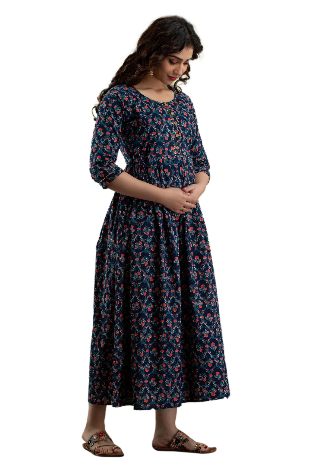 Majestic divas Cotton Navy Blue Floral Maternity Feeding Kurta Dress with Dual Zippers