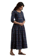 Majestic divas Cotton Navy Blue Floral Maternity Feeding Kurta Dress with Dual Zippers