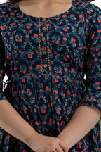 Majestic divas Cotton Navy Blue Floral Maternity Feeding Kurta Dress with Dual Zippers