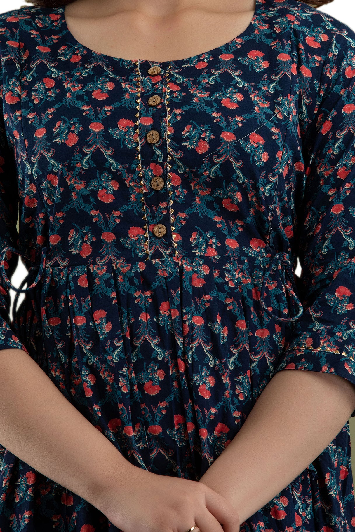 Majestic divas Cotton Navy Blue Floral Maternity Feeding Kurta Dress with Dual Zippers