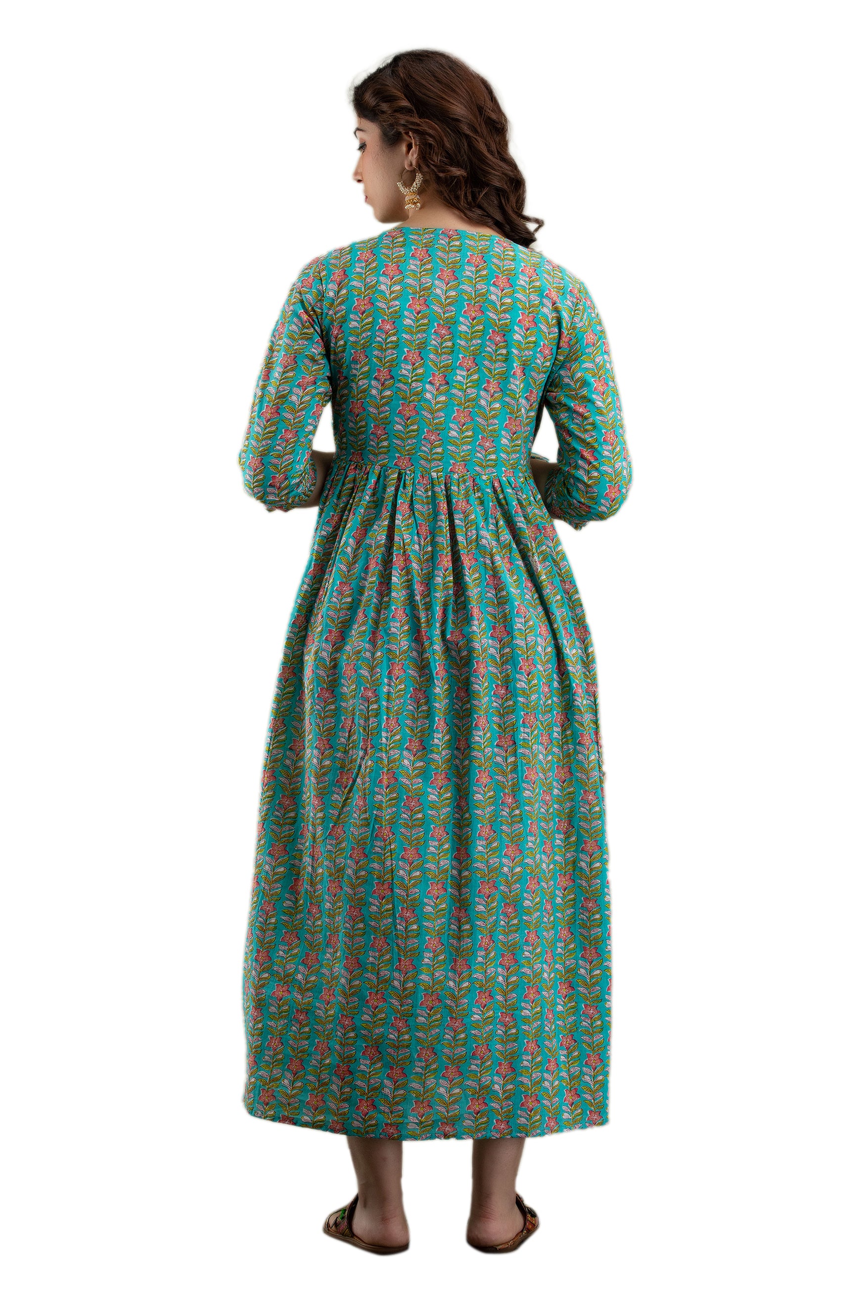 Majestic divas Cotton Turquoise Floral Maternity Feeding Kurta Dress with Dual Zippers Secondary image