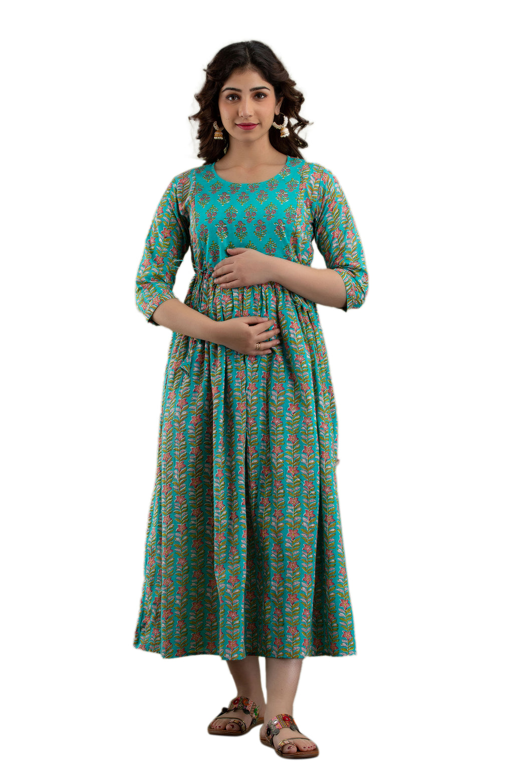 Majestic divas Cotton Turquoise Floral Maternity Feeding Kurta Dress with Dual Zippers