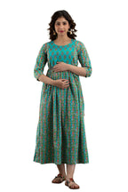 Majestic divas Cotton Turquoise Floral Maternity Feeding Kurta Dress with Dual Zippers