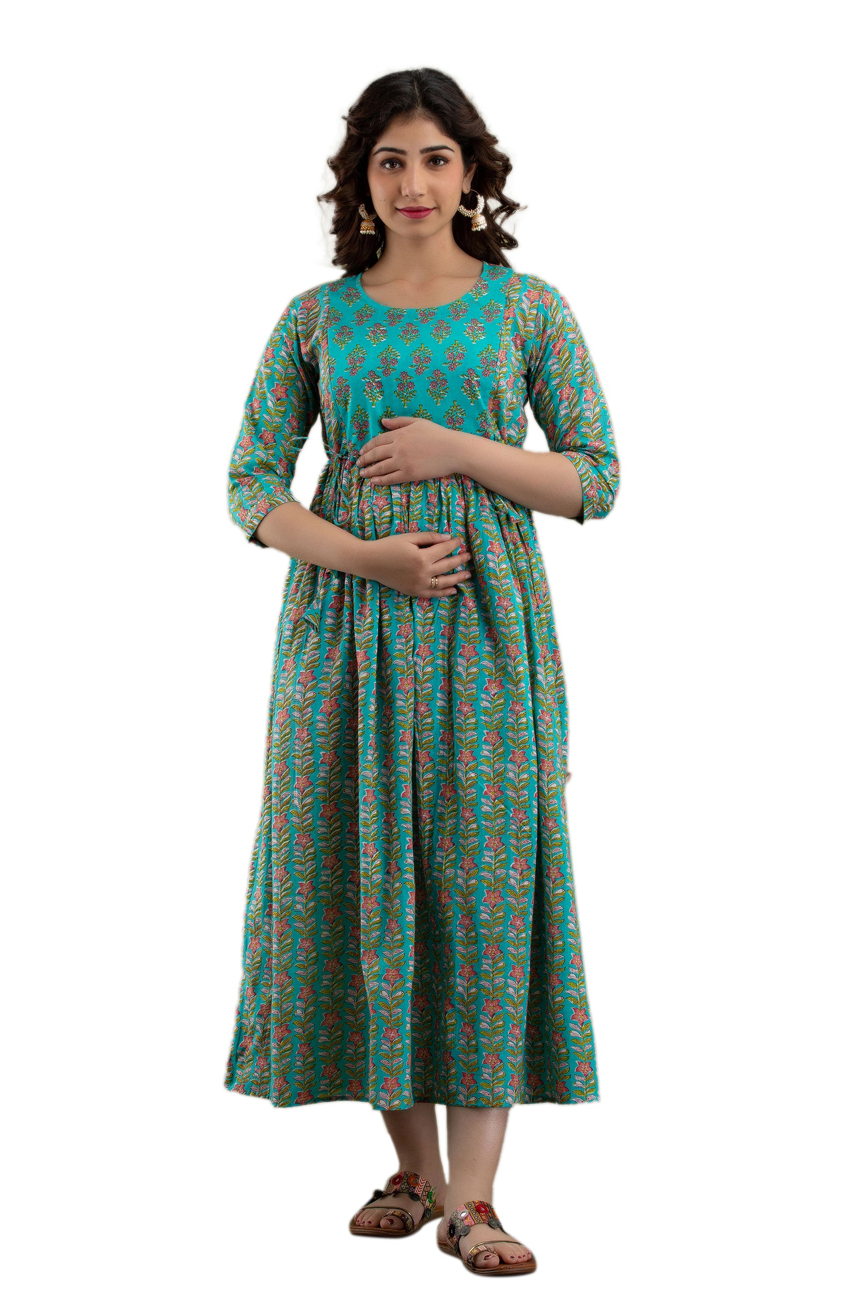 Majestic divas Cotton Turquoise Floral Maternity Feeding Kurta Dress with Dual Zippers