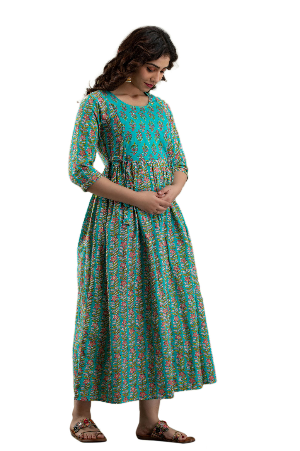Majestic divas Cotton Turquoise Floral Maternity Feeding Kurta Dress with Dual Zippers
