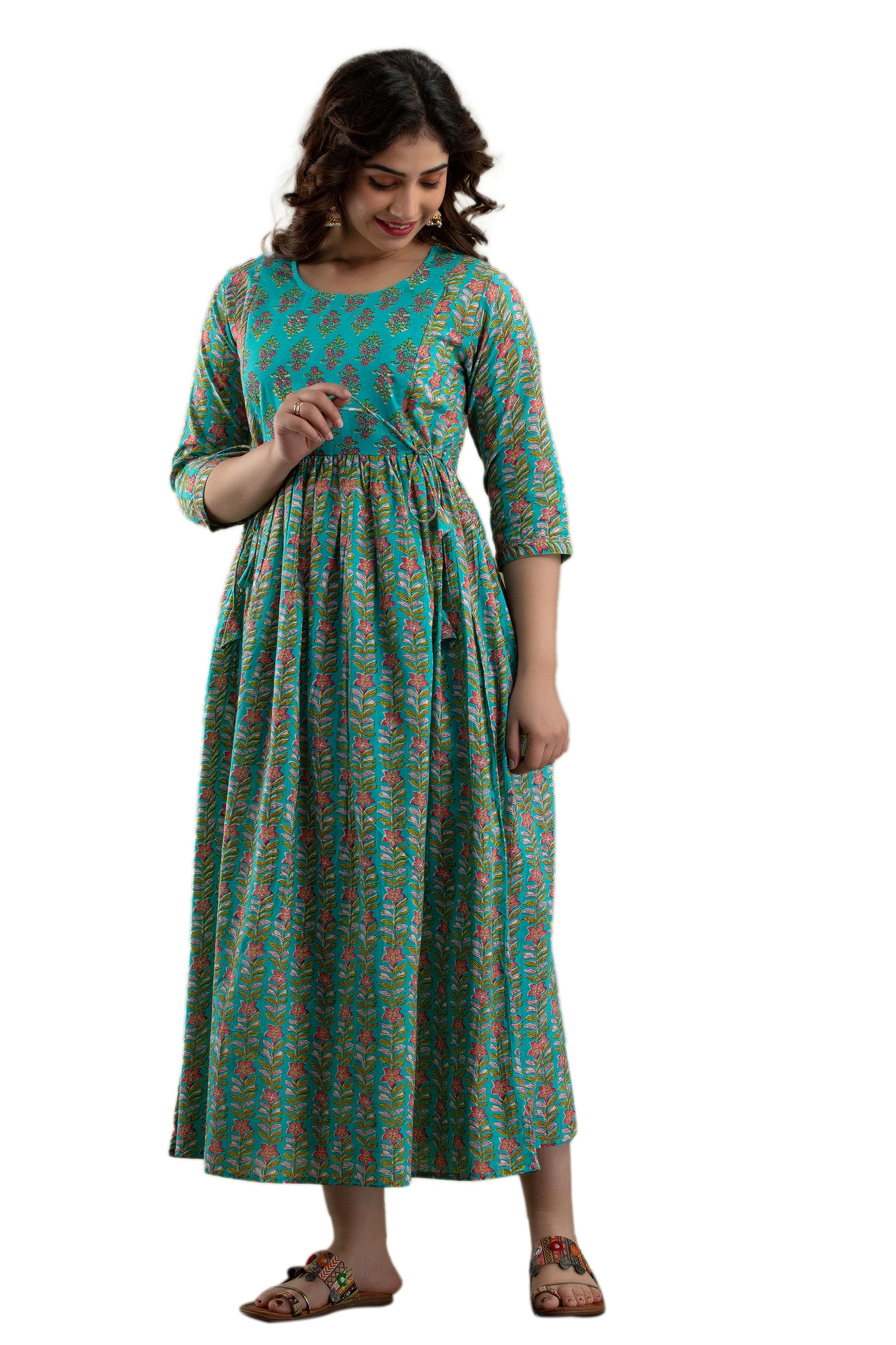 Majestic divas Cotton Turquoise Floral Maternity Feeding Kurta Dress with Dual Zippers Main image