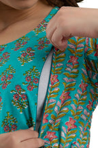 Majestic divas Cotton Turquoise Floral Maternity Feeding Kurta Dress with Dual Zippers