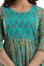 Majestic divas Cotton Turquoise Floral Maternity Feeding Kurta Dress with Dual Zippers