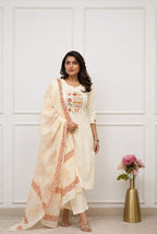 Ivory Cotton Kurta Pant Dupatta Set with Front Embroidery & Handwork
