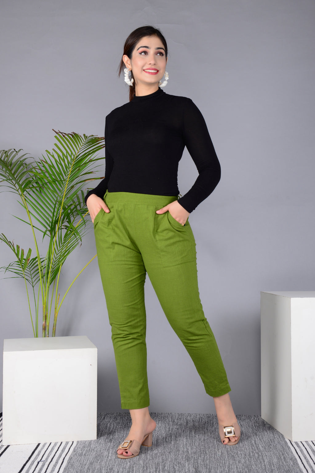 Majestic Diva's Women’s High Waist Olive Green Tapered Pants