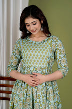 Majestic divas Cotton Mint Green Floral Vine Printed Maternity Feeding Kurta Dress with Dual Zippers