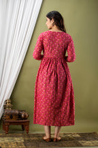 Majestic divas Cotton Rani Pink Floral Buta Printed Maternity Feeding Kurta Dress with Dual Zippers