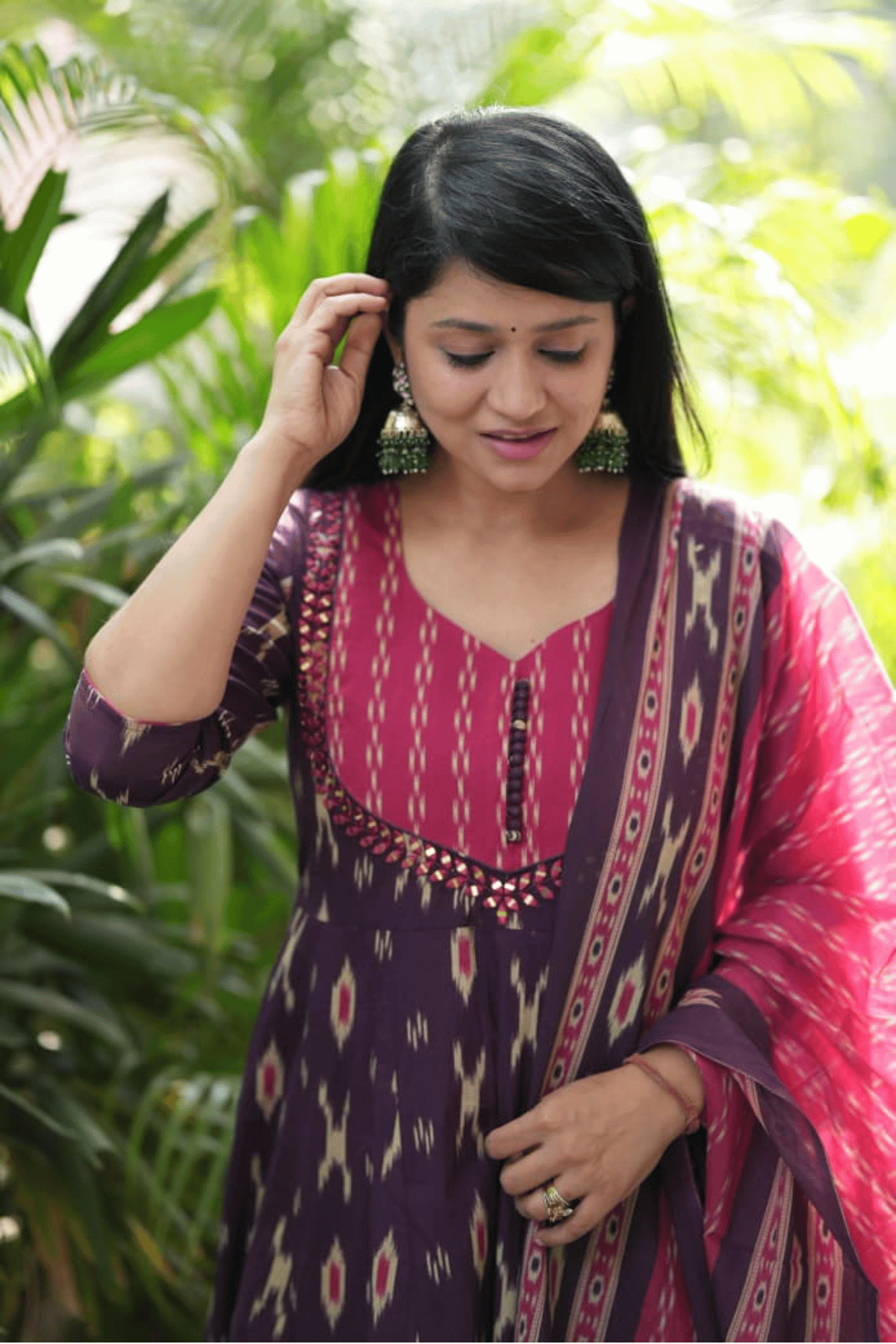 Majestic Diva Purple Ikat Print Anarkali Dupatta Set