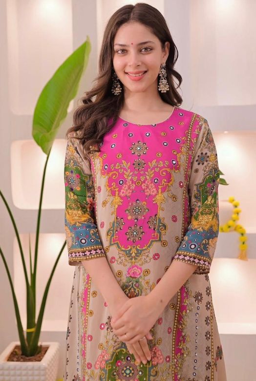 Beige Multicolor Muslin Cotton Noori Anarkali Dupatta Set