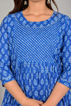 Majestic divas Cotton Blue White Buta Printed Maternity Feeding Kurta Dress with Dual Zippers