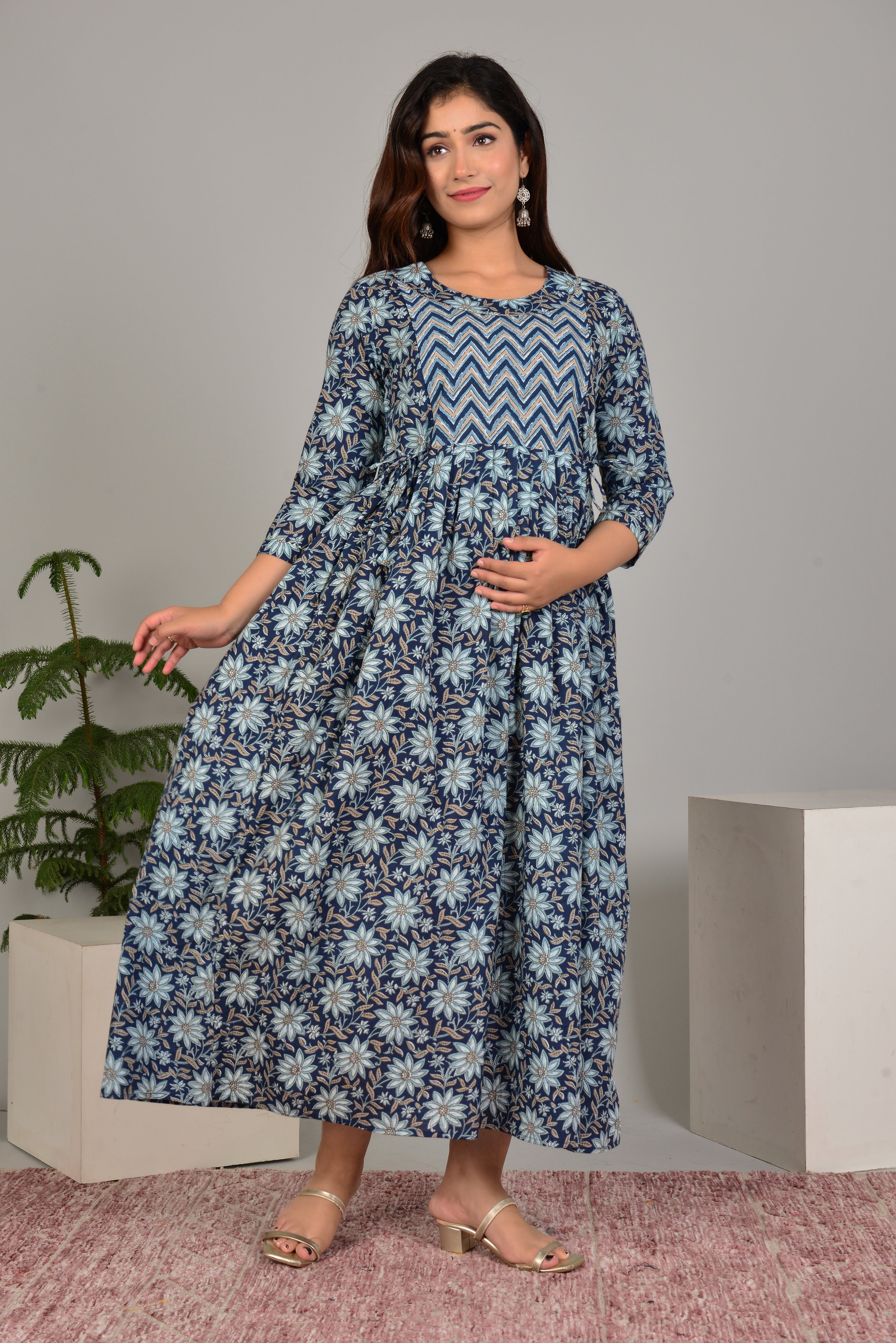 Majestic divas Cotton Navy Blue Floral Printed Maternity Feeding Kurta Dress with Dual Zippers Main image