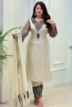 Ivory Cream Pure Banarasi Weaving Dupatta Set with Floral Handwork Neck & Jacquard Dupatta