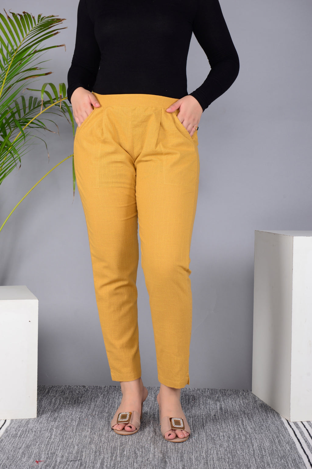 Majestic Diva's Women’s High Waist Mustard Yellow Tapered Pants