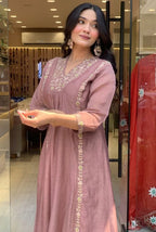 Dusty Mauve Premium Mul Chanderi Anarkali Dupatta Set with Full Embroidery Work