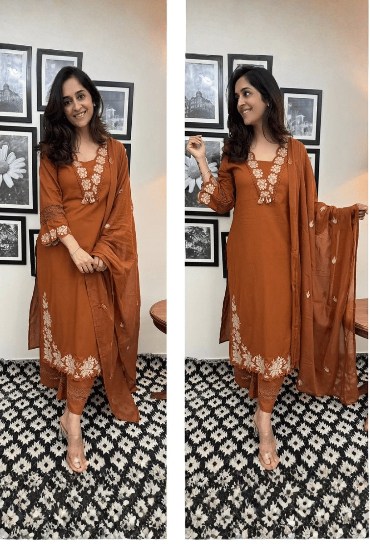 Majestic Diva Rust Brown Floral Embroidered Kurta Set with Dupatta