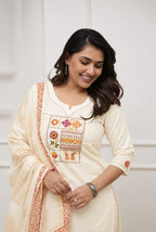 Ivory Cotton Kurta Pant Dupatta Set with Front Embroidery & Handwork
