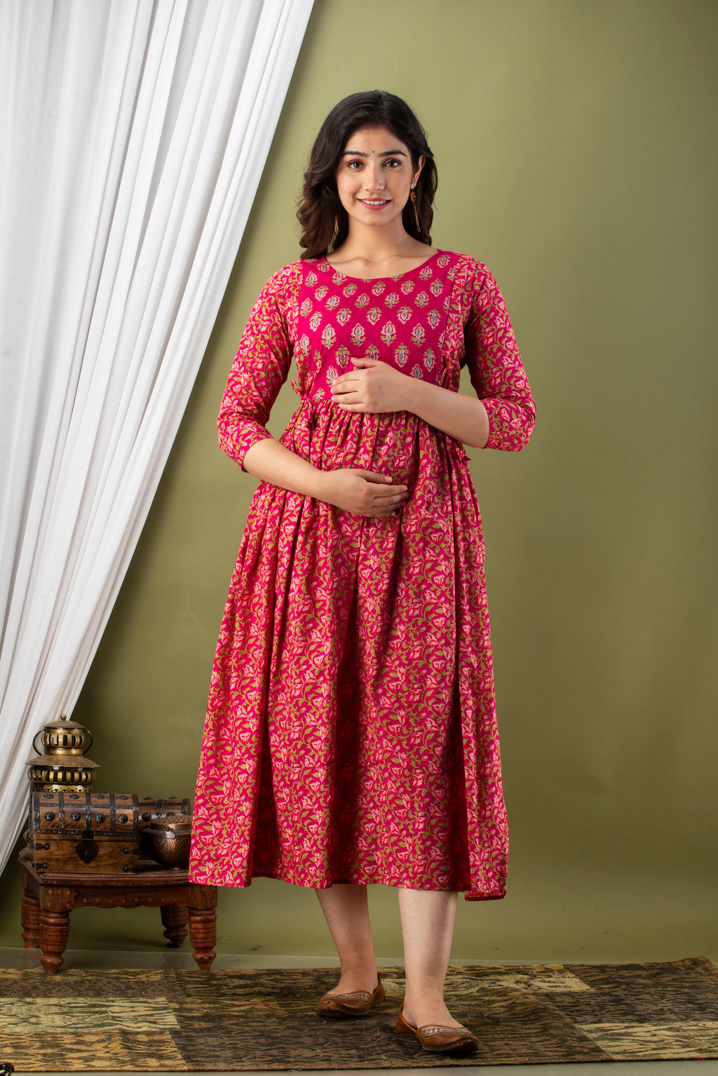 Majestic divas Cotton Rani Pink Floral Buta Printed Maternity Feeding Kurta Dress with Dual Zippers