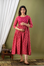 Majestic divas Cotton Rani Pink Floral Buta Printed Maternity Feeding Kurta Dress with Dual Zippers