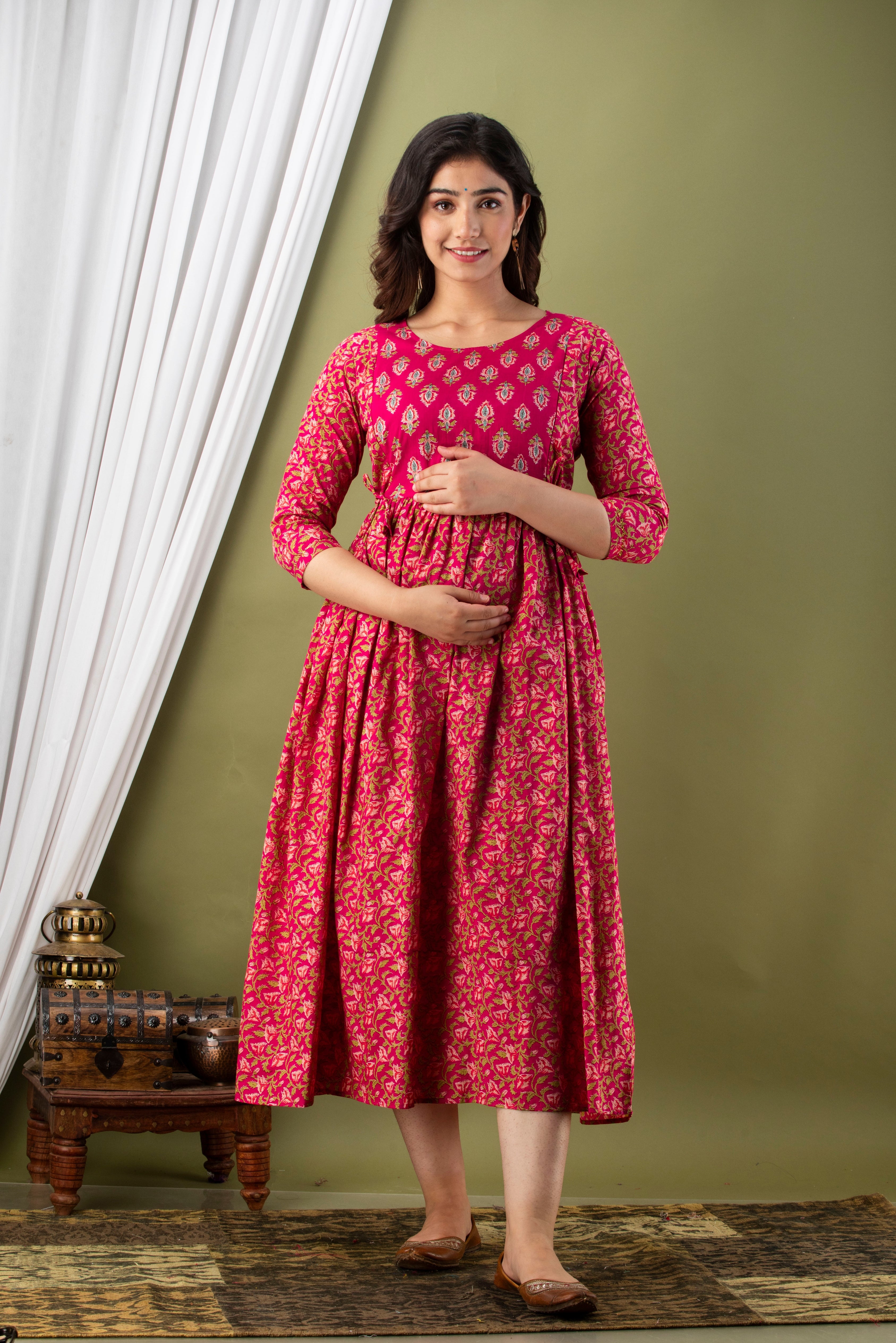 Majestic divas Cotton Rani Pink Floral Buta Printed Maternity Feeding Kurta Dress with Dual Zippers