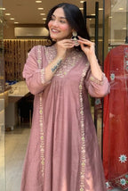 Dusty Mauve Premium Mul Chanderi Anarkali Dupatta Set with Full Embroidery Work