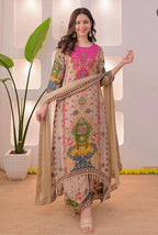 Beige Multicolor Muslin Cotton Noori Anarkali Dupatta Set