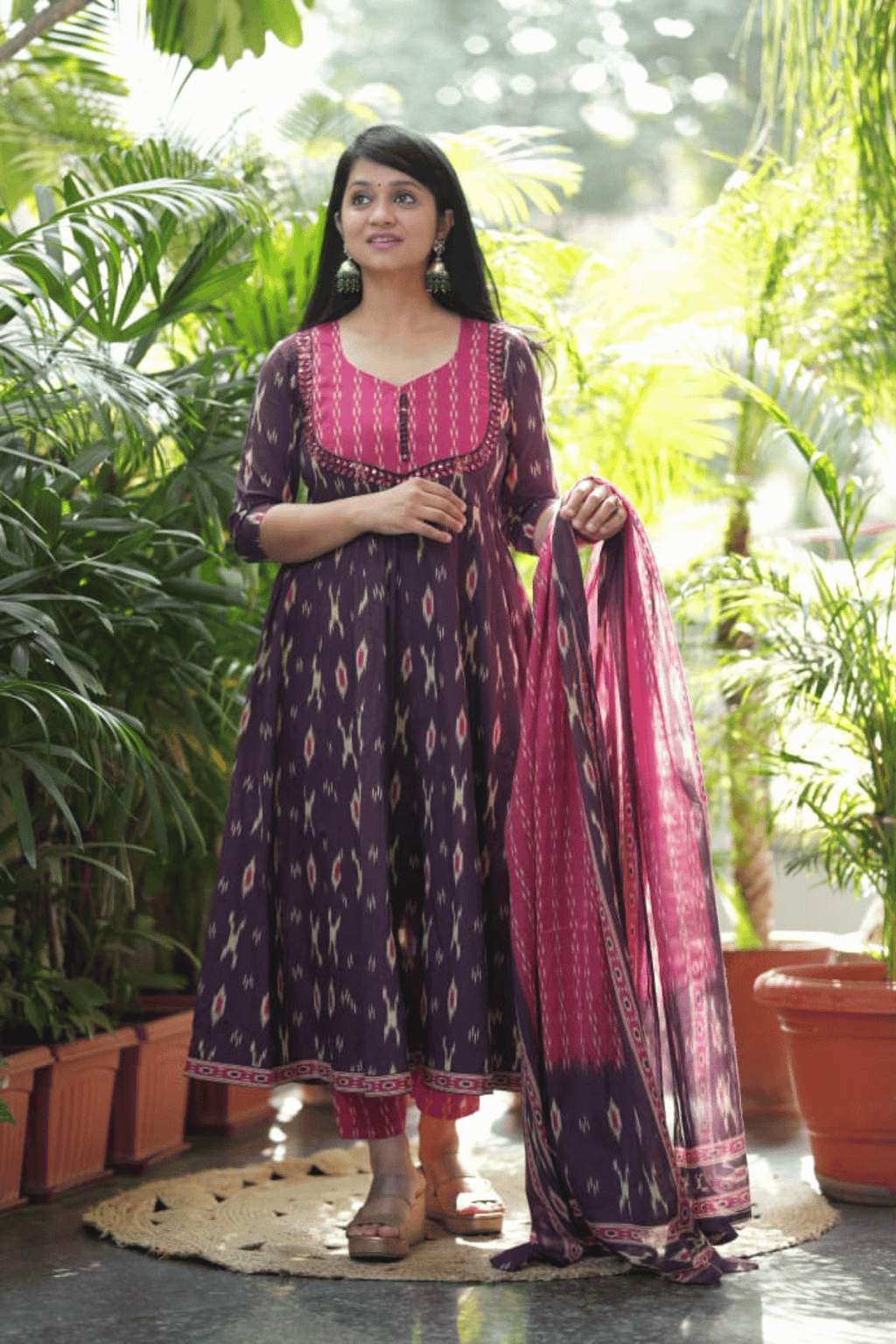 Majestic Diva Purple Ikat Print Anarkali Dupatta Set