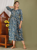 Majestic divas  Cotton Teal Green Floral Maternity Feeding Kurta Dress with Dual Zippers