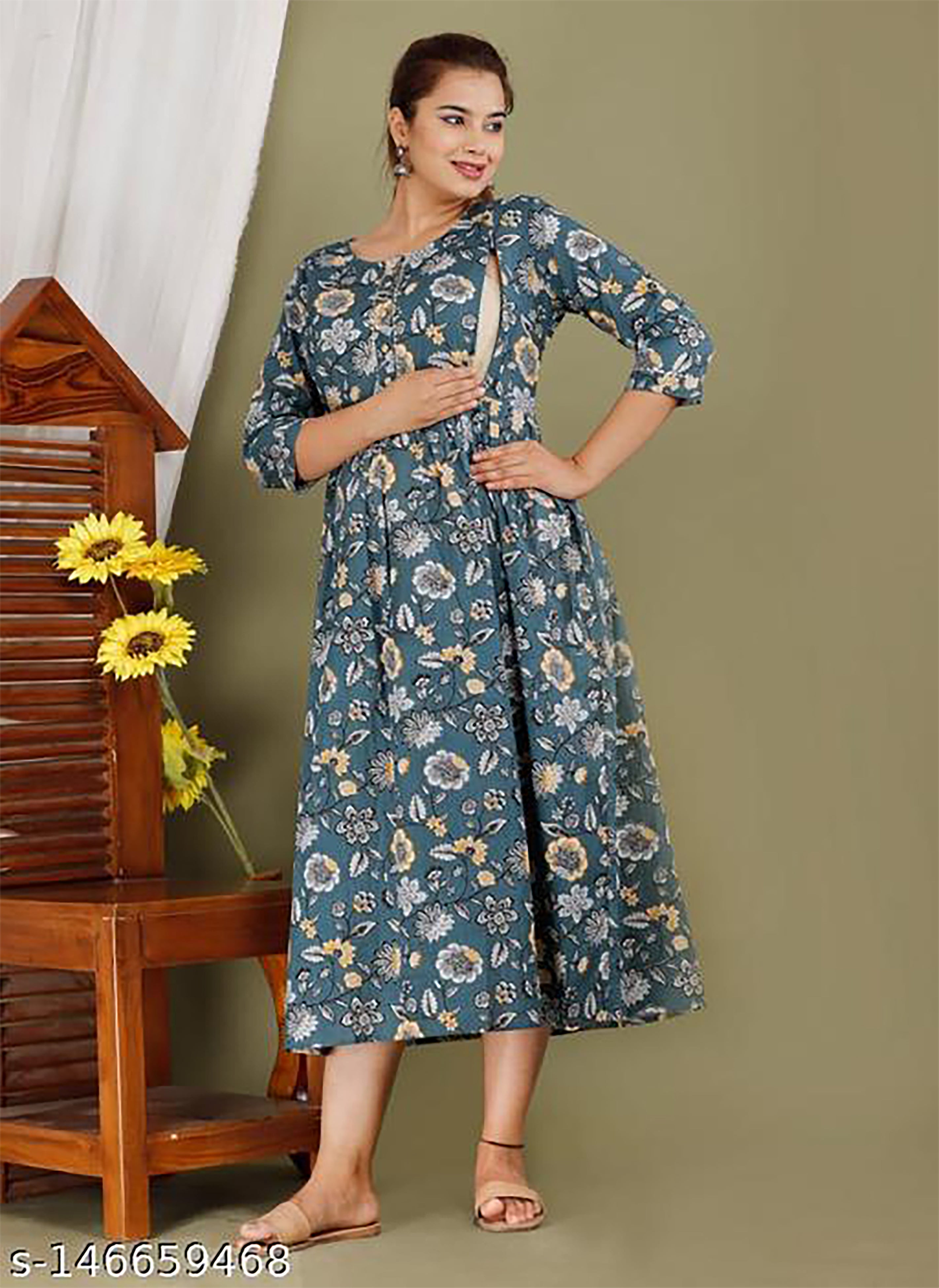 Majestic divas  Cotton Teal Green Floral Maternity Feeding Kurta Dress with Dual Zippers Main image