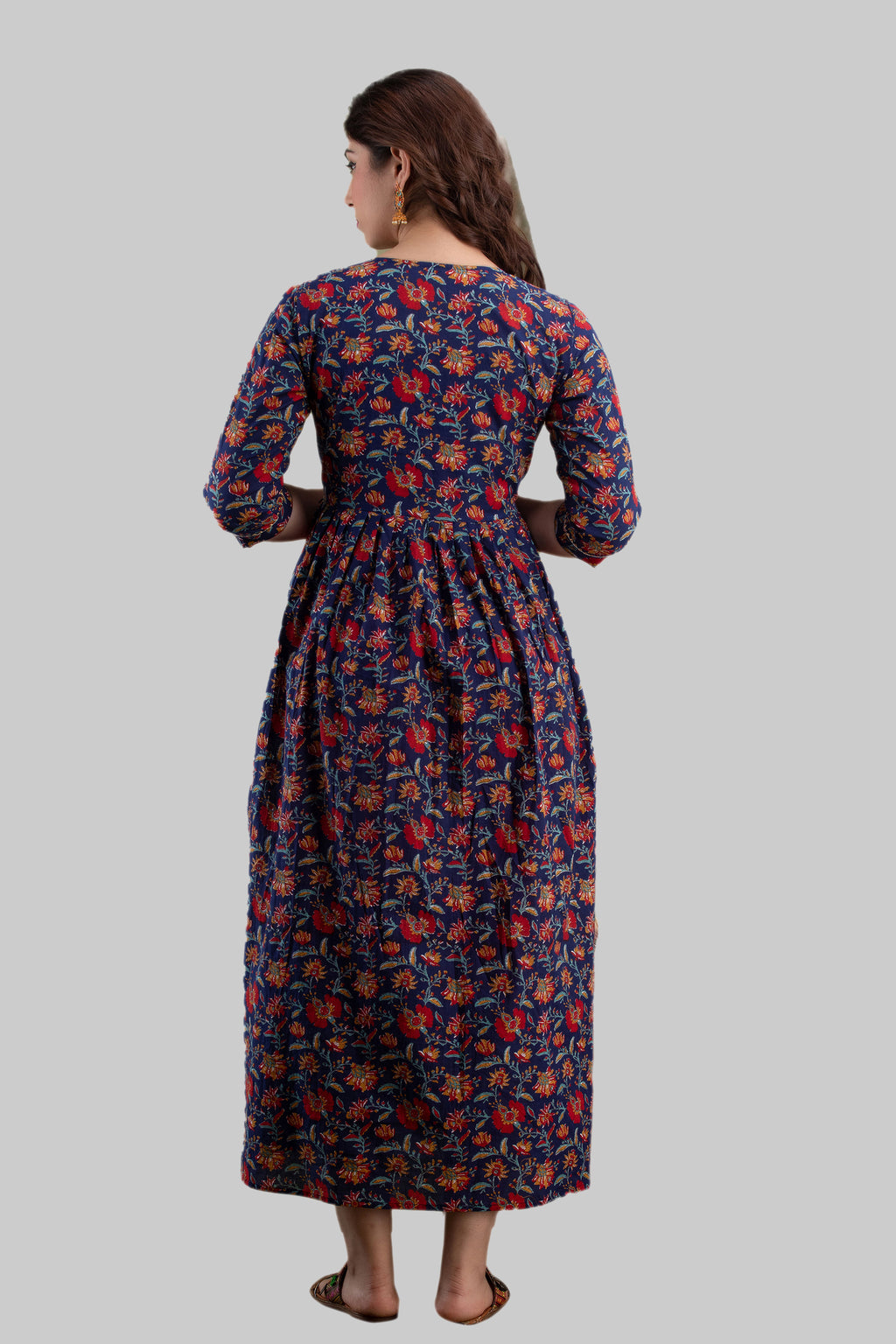 Majestic divas Cotton Navy Blue Floral Maternity Feeding Kurta Dress with Dual Zippers