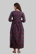 Majestic divas Cotton Navy Blue Floral Maternity Feeding Kurta Dress with Dual Zippers