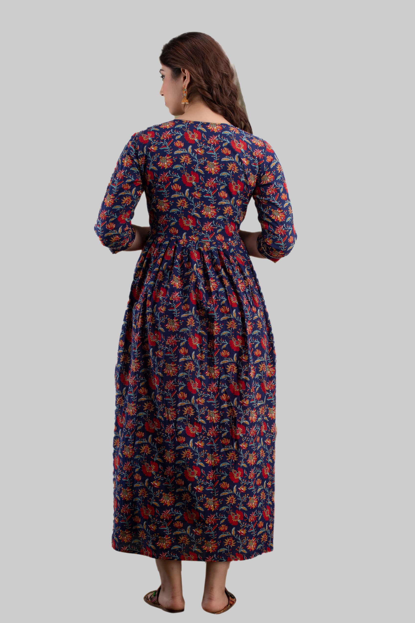 Majestic divas Cotton Navy Blue Floral Maternity Feeding Kurta Dress with Dual Zippers