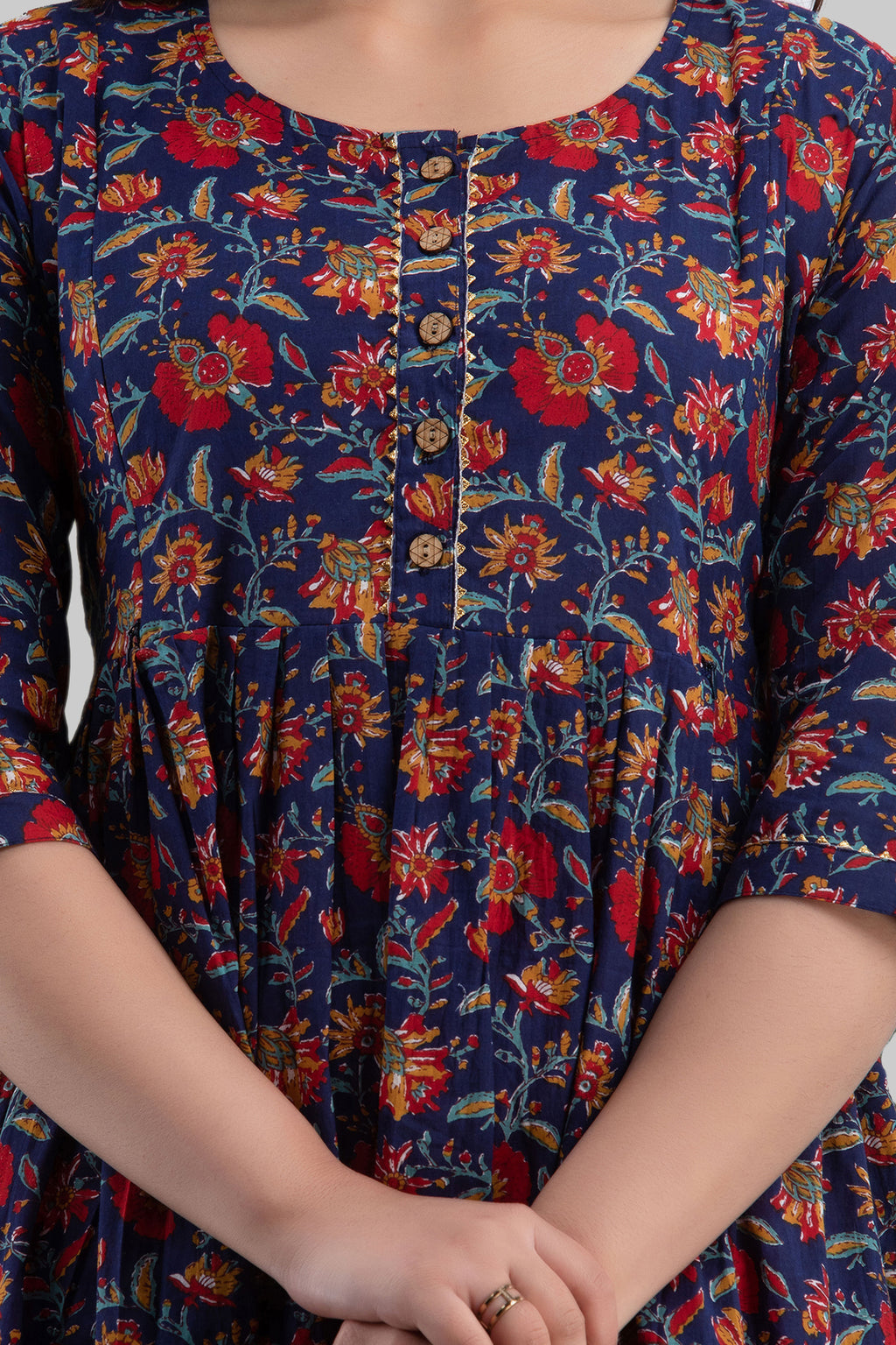 Majestic divas Cotton Navy Blue Floral Maternity Feeding Kurta Dress with Dual Zippers