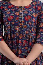 Majestic divas Cotton Navy Blue Floral Maternity Feeding Kurta Dress with Dual Zippers