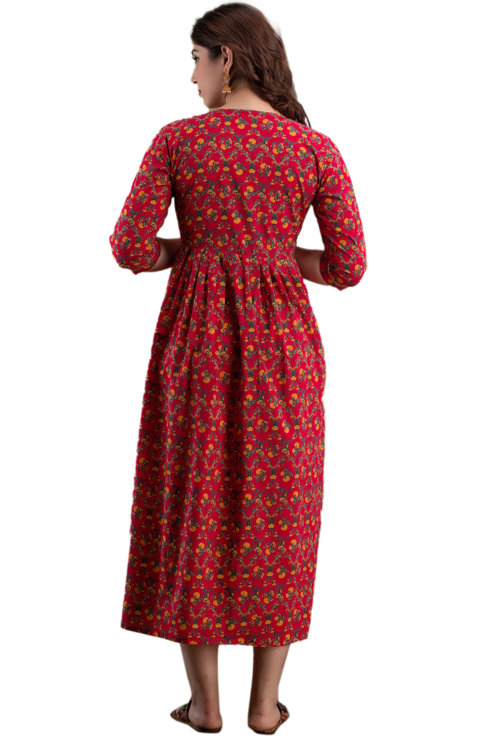 Majestic divas Cotton Red Floral Maternity Feeding Kurta Dress with Dual Zippers Secondary image