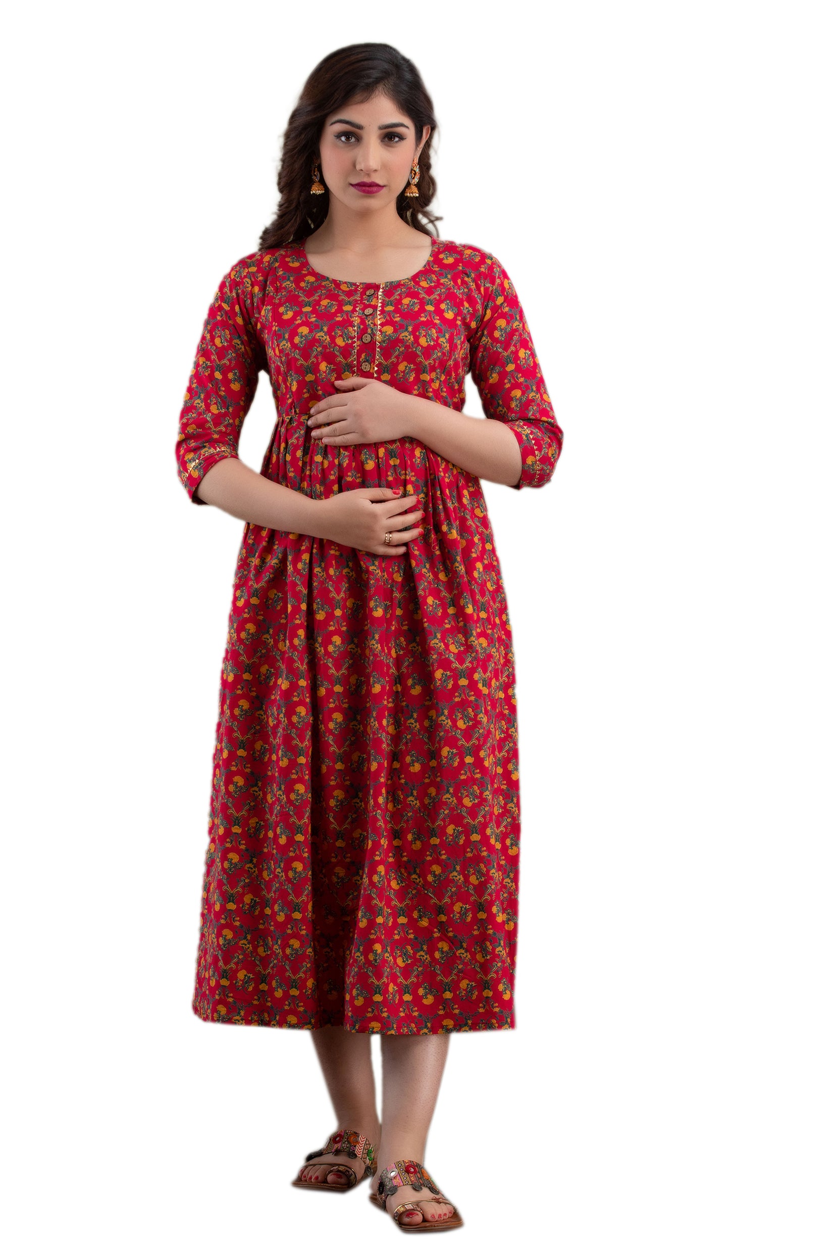 Majestic divas Cotton Red Floral Maternity Feeding Kurta Dress with Dual Zippers Main image