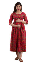 Majestic divas Cotton Red Floral Maternity Feeding Kurta Dress with Dual Zippers