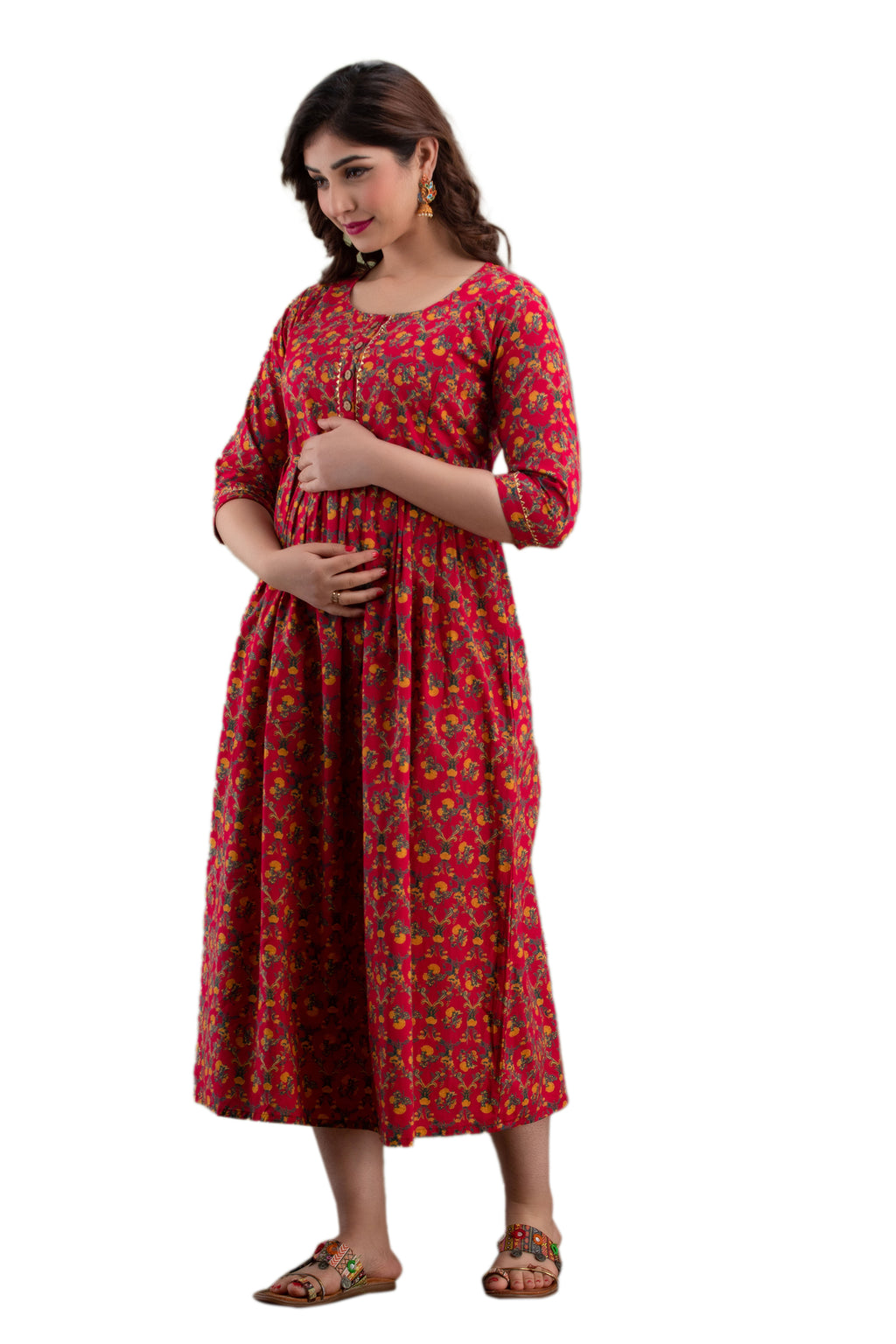 Majestic divas Cotton Red Floral Maternity Feeding Kurta Dress with Dual Zippers