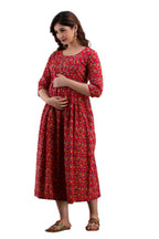 Majestic divas Cotton Red Floral Maternity Feeding Kurta Dress with Dual Zippers
