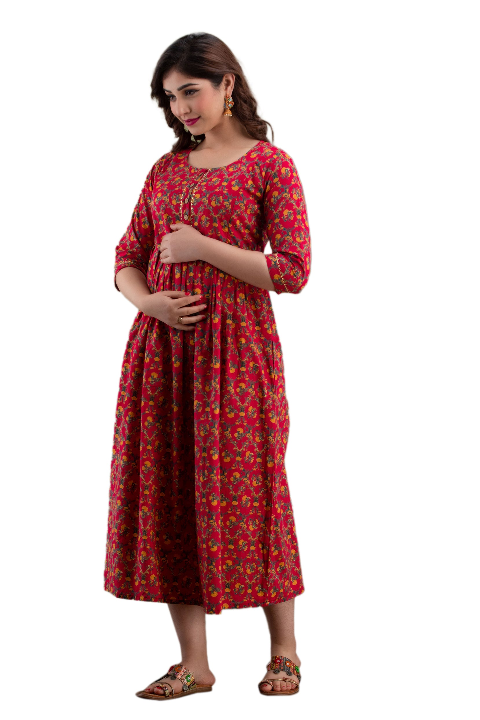 Majestic divas Cotton Red Floral Maternity Feeding Kurta Dress with Dual Zippers