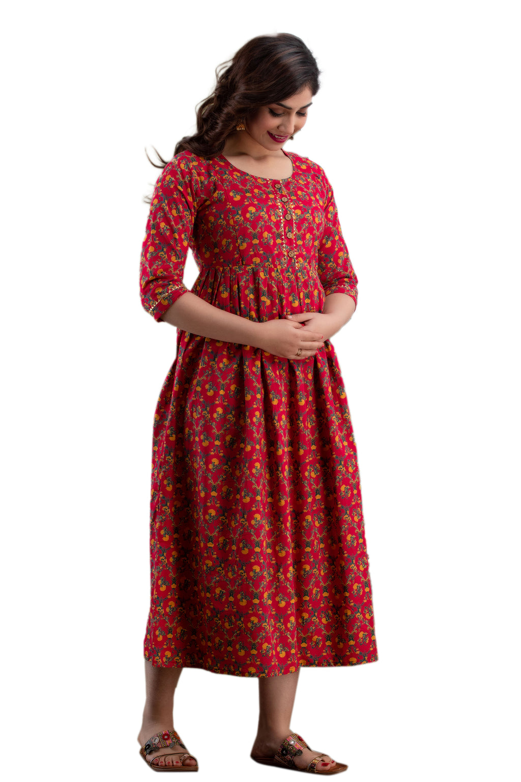 Majestic divas Cotton Red Floral Maternity Feeding Kurta Dress with Dual Zippers