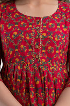 Majestic divas Cotton Red Floral Maternity Feeding Kurta Dress with Dual Zippers