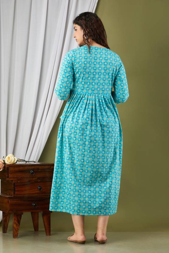 Majestic divas Cotton Aqua Blue Floral Maternity Feeding Kurta Dress with Dual Zippers Secondary image