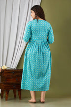 Majestic divas Cotton Aqua Blue Floral Maternity Feeding Kurta Dress with Dual Zippers