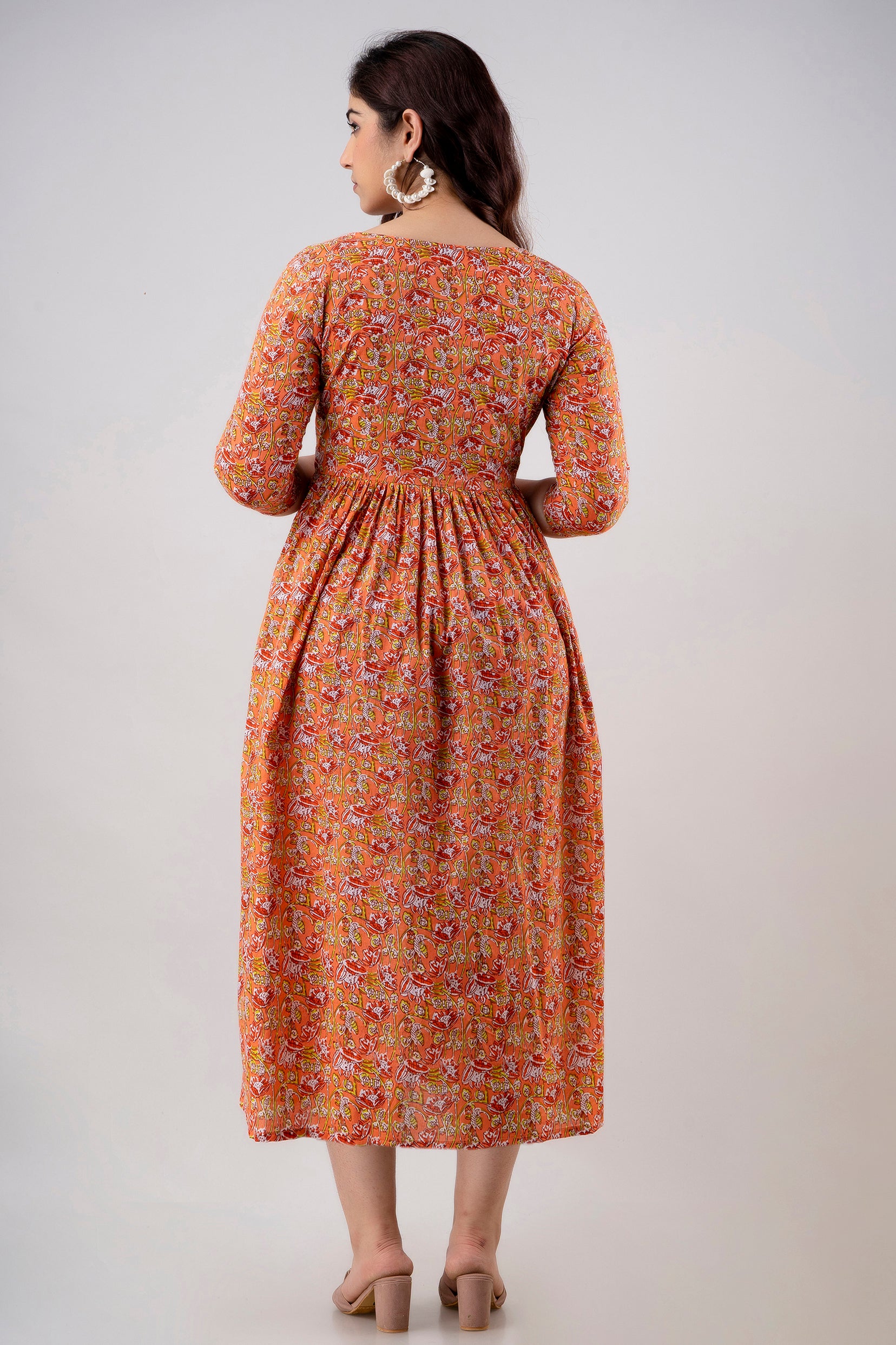 Majestic divas Cotton Burnt Orange Floral Maternity Feeding Kurta Dress with Dual Zippers Secondary image